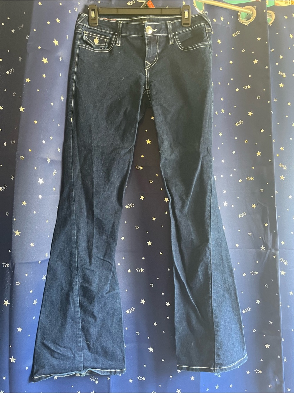 True Religion Dark Blue Flare Jeans with Contrast Stitching